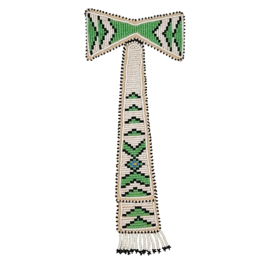 VTG 50s Southwestern Hand Loomed Beaded Bow Neck Tie Childrens‎ Clip On Green